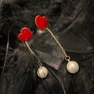 Red Heart Dangle w/Pearl Valentine’s Day earrings